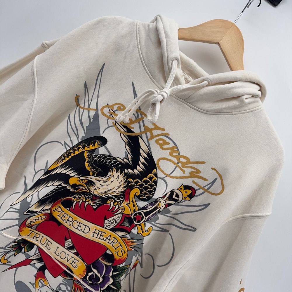 Ed Hardy Hoodie Mens XL Cream Pierce Eagle Heart Tattoo Graphic Y2K Streetwear
